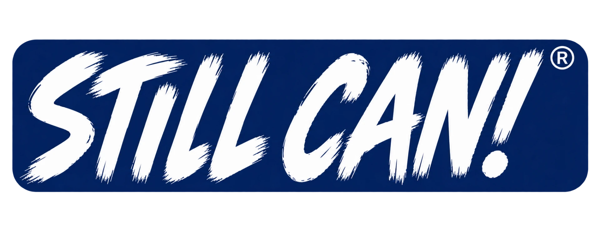 Still Can brushed lettering in white on a navy blue badge