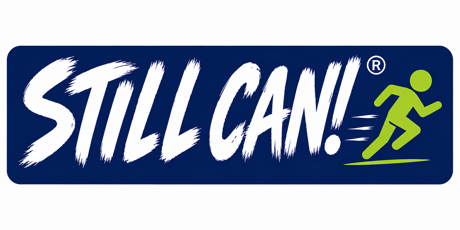 Still Can brushed lettering with a lime running figure on a navy blue badge